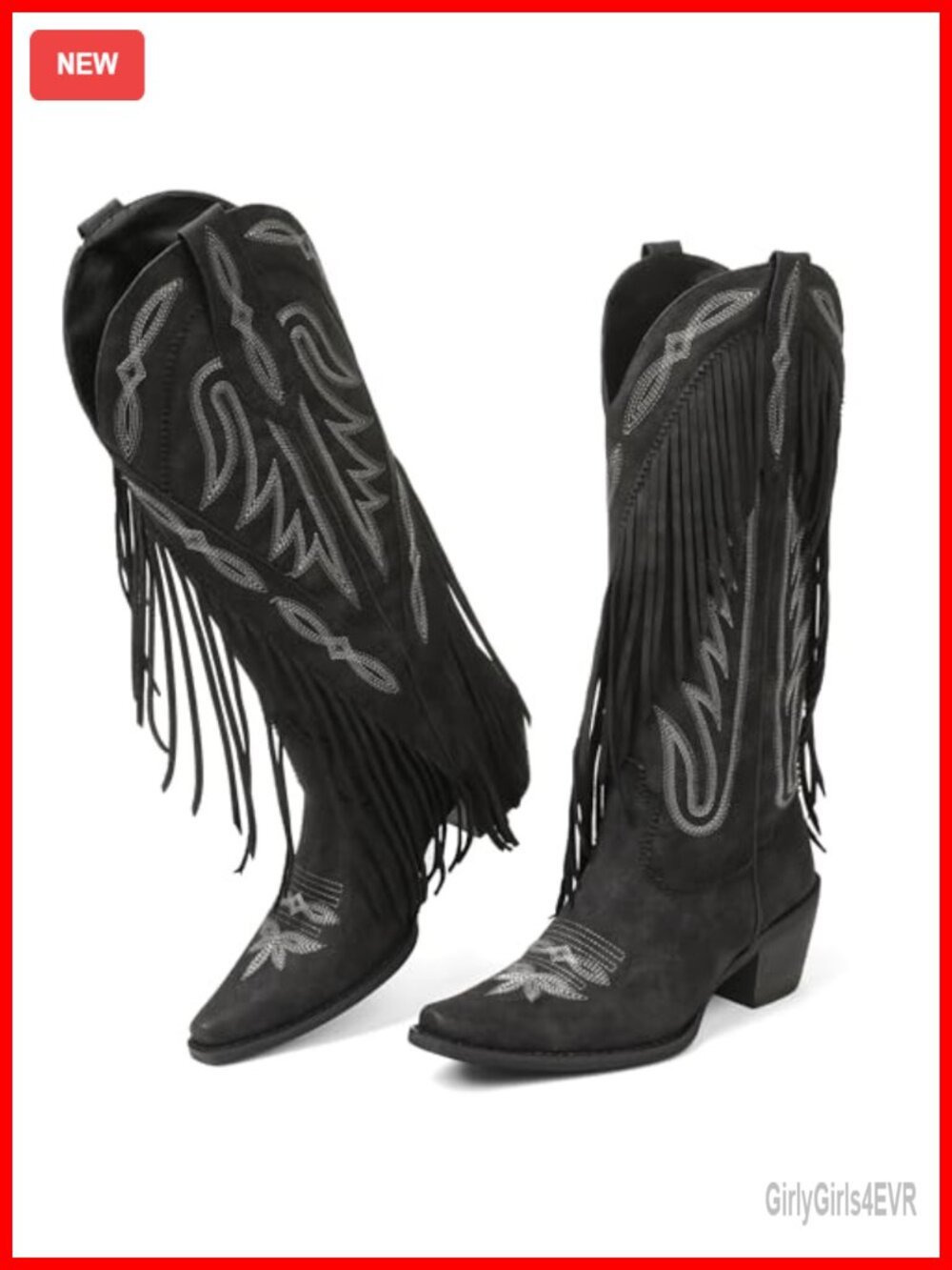 Cowgirl Boots Women Retro Block Chunky Suede Fringe Cowboy Boots